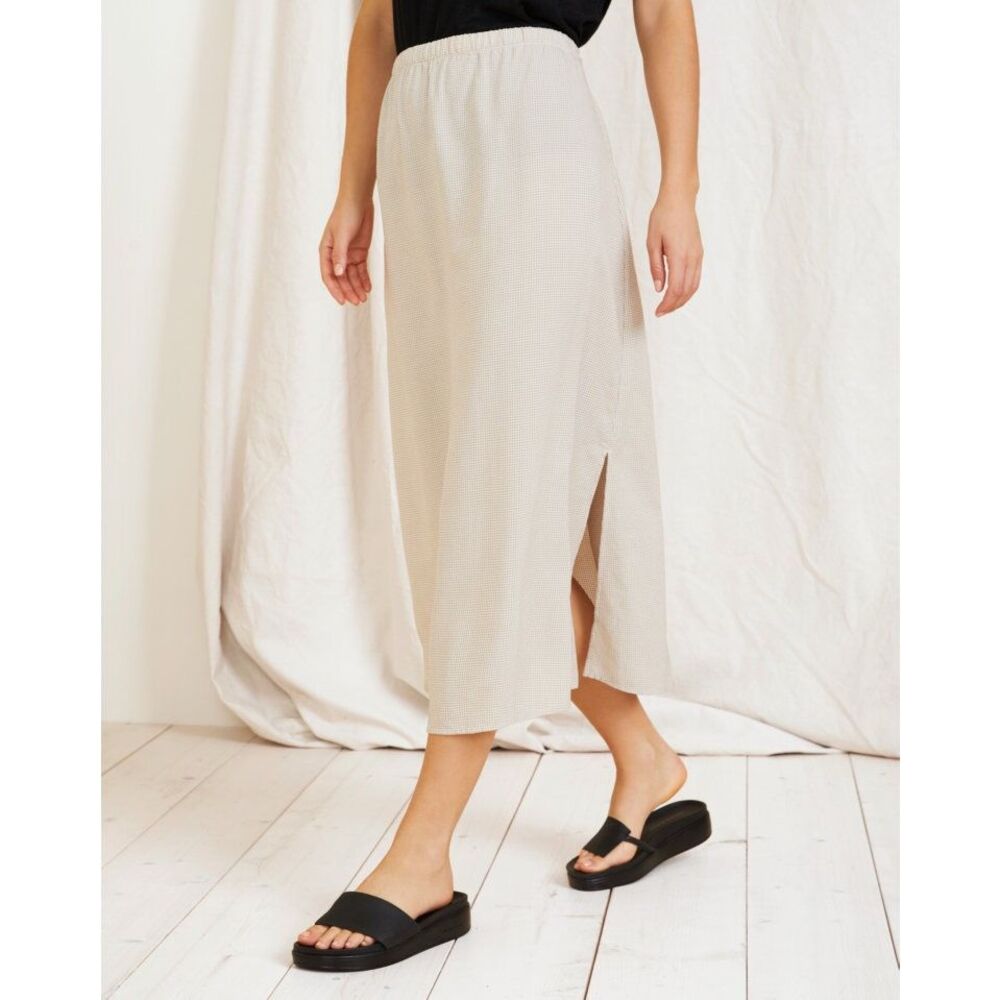 Eileen Fisher $198 Tencel Seersucker Check Midi Skirt Beige PM NEW